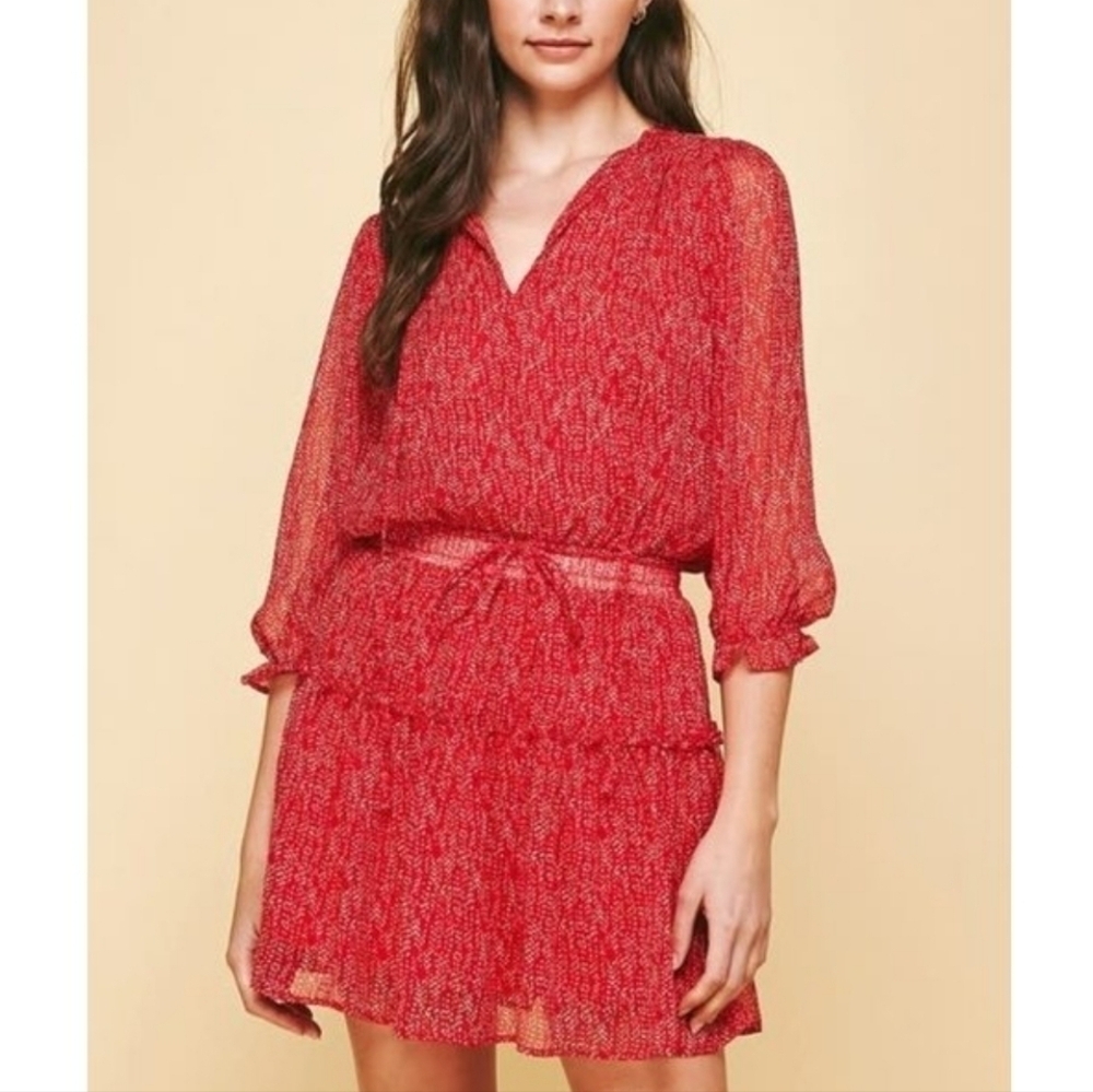 Pinch red pattern 3/4 sleeve ruffle hem tie waist vneck dress size M